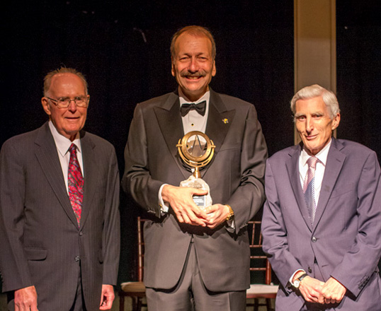 Foundation Medal awardees Gordon Moore and Martin Rees with Chancellor Blumenthal.