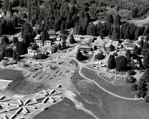Aerial view of the campus in black and white